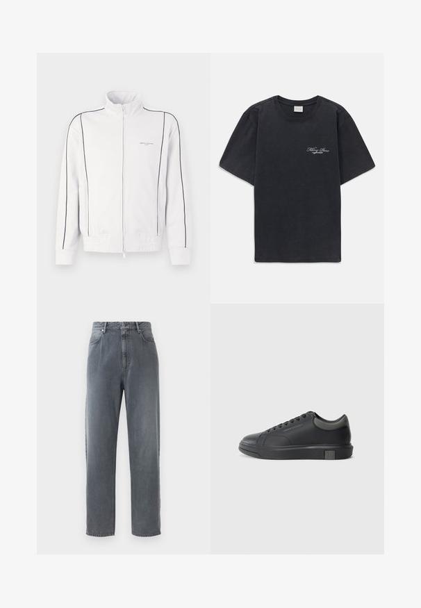 Hvit zip-up treningsjakke med svart piping på ermene og fronten, elastisk midje og liten Armani Exchange-logo på venstre bryst.; Svart kortermet t-skjorte med rund hals og liten hvit "Filling Pieces" tekstlogo på venstre bryst.; Høyt liv, rett ben jeans i falmet grå denim, med fem lommer, knappelukking, og subtil falming på stoffet.; Sorte lærersneakers med en glat finish, rund tå og mørkegrå detaljer. Har snørebånd og en struktureret gummisål.