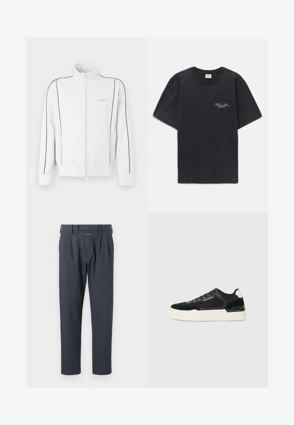 Bela zip-up tekaška jakna z črnimi obrobami na rokavih in sprednjem delu, elastičnim pasom ter malim logotipom Armani Exchange na levem prsnem predelu.; Črna majica s kratkimi rokavi in okroglo ovratnikom, z majhnim belim logotipom "Filling Pieces" na levi strani prsnega dela.; Temno sive hlače z naravnim krojem, z gubami spredaj in gumbnim zapiranjem, narejene iz gladkega, lahkega materiala.; Črne superge iz mrežastega materiala in usnja, z debelim belim podplatom in kontrastnimi poudarki. Pertle in detajl logotipa ob strani.