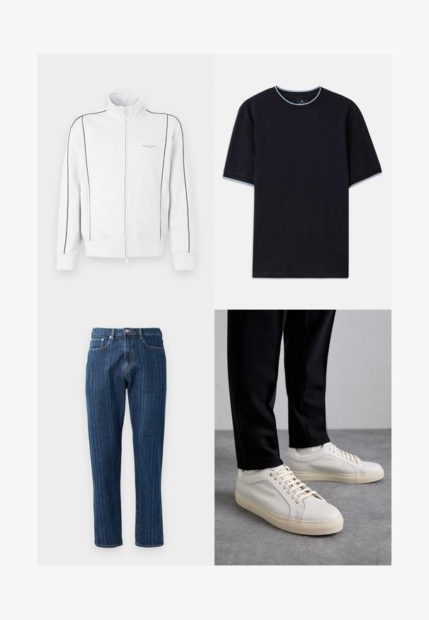 Bijela trenerka s patentnim zatvaračem, s crnim rubovima na rukavima i prednjem dijelu, elastičnim strukom i malim Armani Exchange logom na lijevoj strani grudi.; Tamno plava kratka majica s kapućinom, s okruglim izrezom, s svijetloplavim detaljima na ovratniku i rukavima. Izrađena od mekog pamučnog materijala.; Tamno plave traperice s ravnim nogavicama, vidljivim šavovima, dizajnom s pet džepova i gumbom na struku.; Svijetlosmeđi kožni tenisice s ravnim vezicama, teksturiranom površinom i kontrastnom kremasto bijelom gumom potplatom, uparene s crnim suženim hlačama.