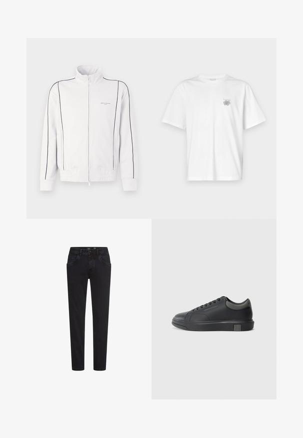 Biała kurtka sportowa na zamek z czarnymi lamówkami na rękawach i przodzie, elastycznym pasem oraz małym logo Armani Exchange na lewej piersi.; Biała koszulka z bawełny z krótkimi rękawami, okrągłym dekoltem i małym szarym logo po lewej stronie klatki piersiowej. Gładka tekstura.; Czarne dżinsy o slim fit, z przednimi kieszeniami, zamkiem błyskawicznym i gładką fakturą. Klasyczny pięciokieszeniowy fason, wszechstronny w codziennych stylizacjach.; Czarne skórzane sneakersy o gładkim wykończeniu, zaokrąglonym nosku i ciemnoszarych akcentach. Posiadają sznurowaną konstrukcję oraz teksturowaną gumową podeszwę.