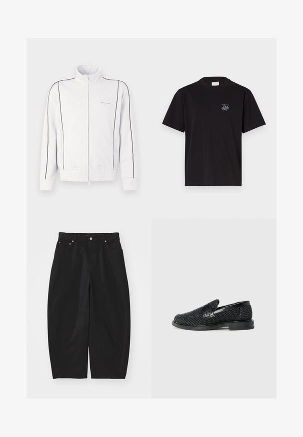 Biela športová mikina na zips s čiernym lemovaním na rukávoch a prednej časti, elastický pás a malé logo Armani Exchange na ľavej hrudi.; Čierne bavlnené tričko s okrúhlym výstrihom a krátkymi rukávmi. Obsahuje malú modrú nášivku na ľavej hrudi. Jednoduchý, rovný strih.; Helmut Lang COCOON GALLERY - Džínsy voľného strihu - black; Čierne tkané slip-on topánky s hladkým koženým akcentom na vrchnej časti, s okrúlym dizajnom špičky a nízkoprofilovou gumovou podrážkou.