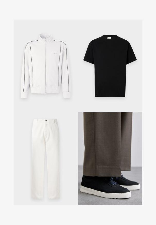 Valkoinen vetoketjullinen urheilutakki mustilla korostusviivoilla hihoissa ja edessä, elastisella vyötäröllä ja pienellä Armani Exchange -logolla vasemmassa rinnassa.; Mustan puuvillan t-paita, jossa on pyöreä kaula-aukko, lyhyt hiha ja suora leikkaus. Ei näkyviä kuvioita tai metallisia yksityiskohtia.; Valkoiset puuvillahousut, joissa on suora leikkaus, etutaskut, metallinappi ja hienovaraiset ompeluyksityiskohdat saumoissa.; Mustat mokkakengät valkoisilla kumipohjilla, joissa on pyöreä kärki ja nauhat, käytetään harmaiden räätälöityjen housujen kanssa.