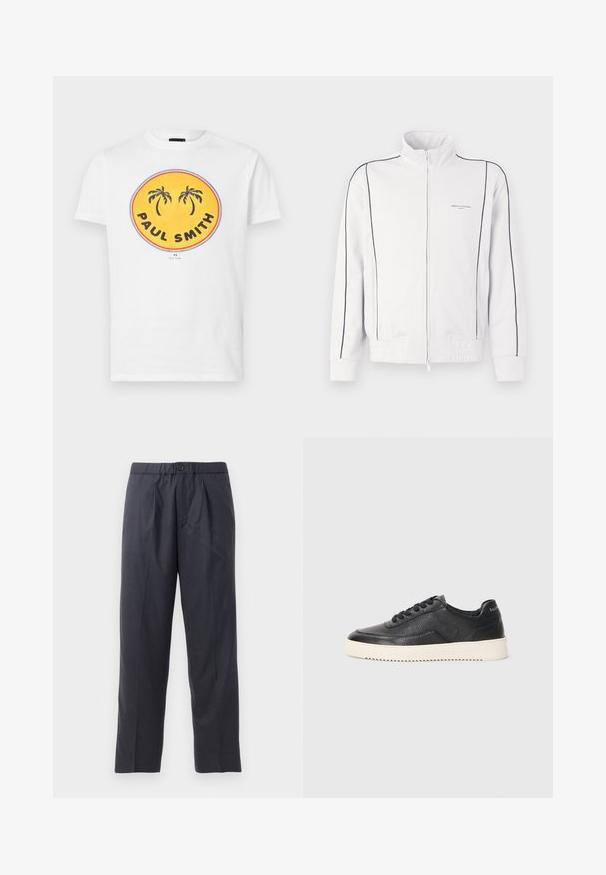 Hvit zip-up treningsjakke med svart piping på ermene og fronten, elastisk midje og liten Armani Exchange-logo på venstre bryst.; Hvit bomull t-skjorte med et stort rundt grafisk motiver med gul bakgrunn, palmer og "PAUL SMITH" i fet svarte bokstaver.; Mørkeblå bukser laget av mykt stoff med plisserte detaljer foran og elastisk midje. Har knappelukking og rett ben.; Svart lær sneakers med teksturert overflate, rund tå og flat hvit gummisåle. Har svarte snører og merkevare på hælen.