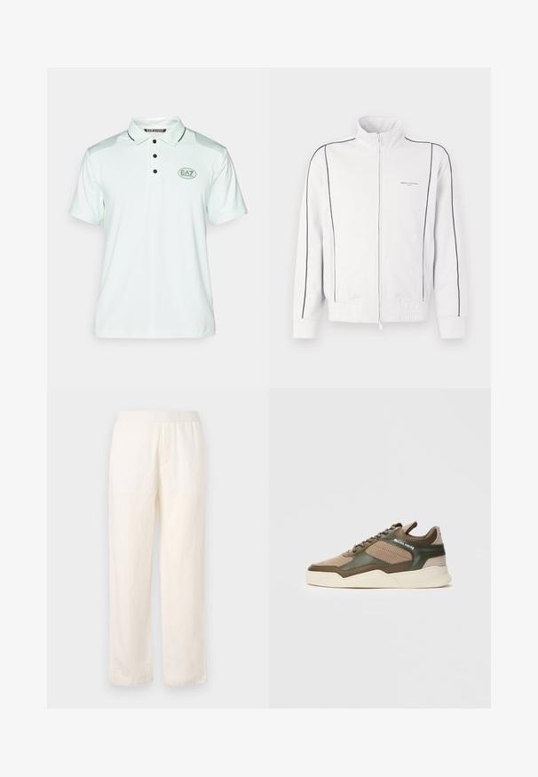 Λευκό ζακέτα ζιπ με μαύρη ραφή στους μανίκια και στην μπροστινή πλευρά, ελαστική μέση, και μικρό λογότυπο Armani Exchange στο αριστερό στήθος.; Ανοιχτό πράσινο πόλο φανελάκι με γιακά, τρία μαύρα κουμπιά και υφασμάτινη υφή. Επισημαίνεται με λογότυπο στο αριστερό στήθος και μαύρες λεπτομέρειες.; Ανετα, κρεμ χρώματος παντελόνια με ελαστική μέση, ίσιο σχέδιο ποδιών και διακριτή υφή. Δεν διαθέτουν ορατές τσέπες.; Μπεζ και πράσινο χαμηλό παπούτσι με τρύπες στην πλευρά, λευκή σόλα, κορδόνια μπροστά και σήμανση "FILLING PIECES" στο πλαϊνό πάνελ.