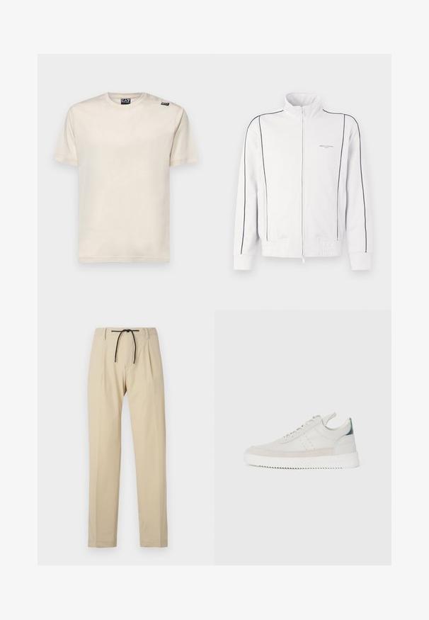Bílá zipová sportovní bunda s černým lemováním na rukávech a vpředu, elastickým pasem a malým logem Armani Exchange na levém prsu.; Krátký rukáv tričko z off-white bavlny, s kulatým výstřihem a malou černou štítkovou etiketou na levém rameni. Hladká textura.; Bežové kalhoty se rovný fit, mají elastický pas, sklady na přední straně a hladkou strukturu. Jednoduchý, univerzální design.; Bílé kožené tenisky s šedými semišovými akcenty, šněrovací design, poutko a texturovaná gumová podrážka s cik-cak vzorem.