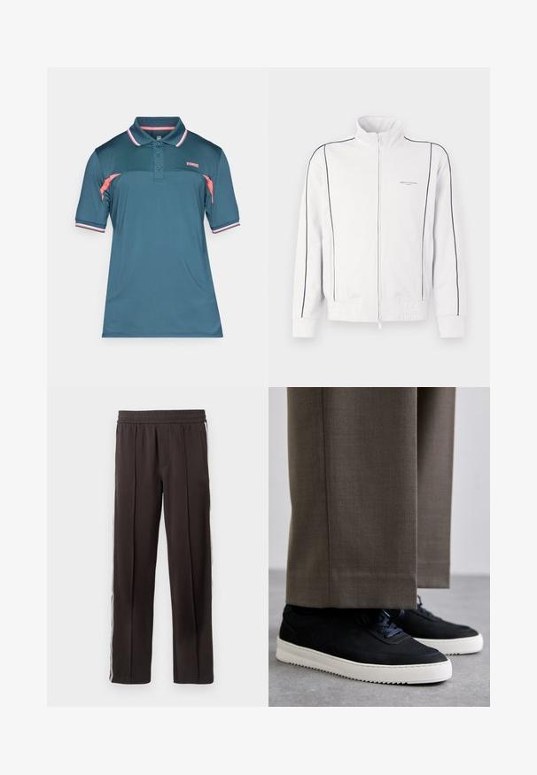 Fehér, cipzáras sportdzseki fekete díszítéssel az ujjakon és elülső részen, rugalmas derékkal, valamint kis Armani Exchange logóval a bal mellen.; K-Swiss türkiz színű polo ing gallérral, két gombos záródással, rövid ujjakkal, rózsaszín kiegészítőkkel és csíkos részletekkel a mandzsettákon. Sima anyag.; Fekete sportnadrág, puha anyagból készült, rugalmas derékkal, két oldalsó zsebbel és fehér oldalsó csíkkal. Klasszikus egyenes szárú fazon.; Fekete velúr sportcipők fehér gumitalppal, kerek orrú, fűzős kialakítással, szürke, szabott nadrággal párosítva.