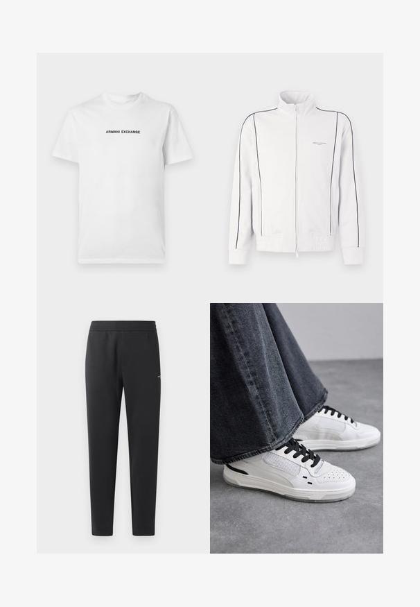 Bílá zipová sportovní bunda s černým lemováním na rukávech a vpředu, elastickým pasem a malým logem Armani Exchange na levém prsu.; Bílý bavlněný tričko s krátkými rukávy a kulatým výstřihem. Na hrudi je napsáno "ARMANI EXCHANGE" tučně černým písmem.; Černé joggingové kalhoty vyrobené z měkké tkaniny, s elastickým pasem, rovnými nohavicemi a malým logem na boku.; Bílé tenisky s černými tkaničkami a síťovinou. Mají hladký kožený svršek a texturovanou gumovou podrážku. Doplňují je široké šedé džíny.