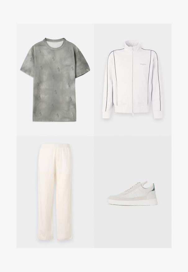 Valkoinen vetoketjullinen urheilutakki mustilla korostusviivoilla hihoissa ja edessä, elastisella vyötäröllä ja pienellä Armani Exchange -logolla vasemmassa rinnassa.; Harmaa puuvillapaita, jossa on hillitty AX-logokuvio, pyöreä pääntie, lyhyet hihat ja rento malli. Sileä tekstuuri hieman haalistuneella tyylillä.; Kevyt, kermaisen väriset housut, joissa on joustava vyötärö, suora lahjesuunnittelu ja hieno rakenne. Ei näkyviä taskuja.; Valkoiset nahkakengät, joissa on harmaat mokka yksityiskohdat, nauhoitusmalli, vetotuki ja tekstuurinen kumipohja, jossa on sahalaitakuviota.