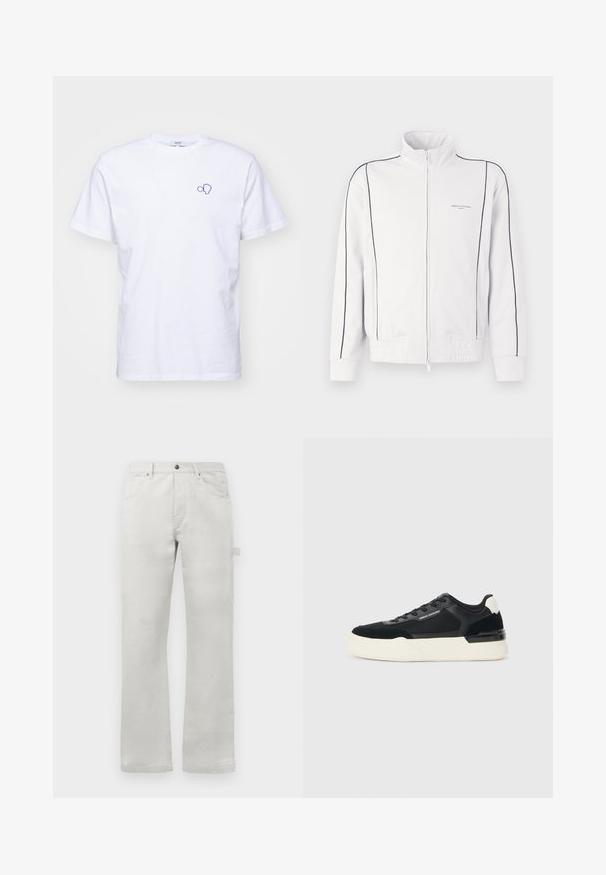 Balta zip-up sportinė striukė su juodais apvadais ant rankovių ir priekyje, elastinga juosmens dalimi ir mažuoju Armani Exchange logotipu kairėje krūtinės pusėje.; Balta medvilninė marškinėliai su mėlynu siuvinėjimu kairėje krūtinės pusėje. Trumpomis rankovėmis ir apvaliu kaklu, standartinio kirpimo.; Šviesiai pilkos tiesios pritaikymo kelnės, pagamintos iš lygaus medvilninio audinio, su priekinėmis kišenėmis ir šonine cargo kišene.; Juodos sportinės bateliai, pagaminti iš tinklinės medžiagos ir odos, su storu baltu padu ir kontrastingais akcentais. Raišteliai ir logotipo detalės šone.