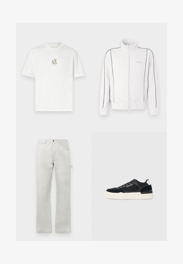Valge tõmblukkudega spordijakke mustade ääristega varrukatel ja ees, elastne vöökoht ning väike Armani Exchange logo vasakul rinnal.; Valge puuvillane T-särk ümmarguse kaelusega. Omab väikest beeži logot "A|X" ja "ARMANI EXCHANGE" trükituna alla. Lühikesed varrukad, regulaarne lõige.; Heledad hallid püksid sirge lõikega, valmistatud siledast puuvillakangast, millel on ees taskud ja küljetasku.; Must musta, mis on valmistatud võrkmaterjalist ja nahast, pakub paksu valget tallat ja kontrastseid aktsente. Paelad ja logo detail külje peal.