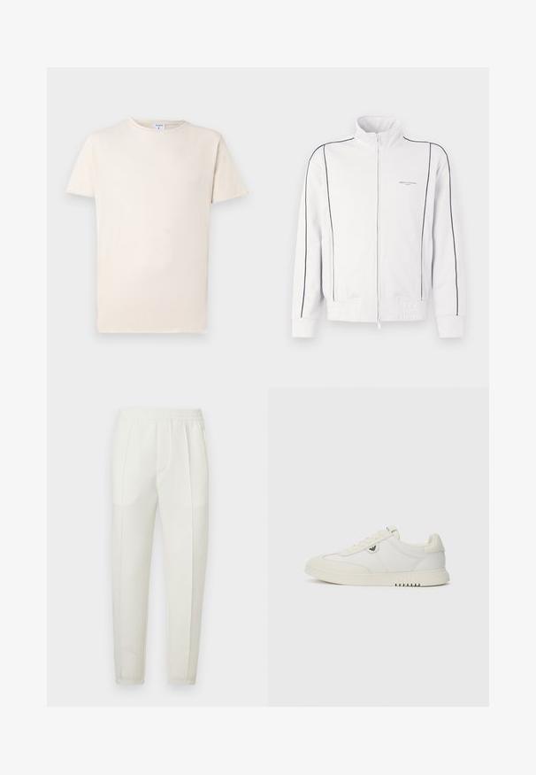 Casaquinho de treino branco com fecho éclair, com detalhes em preto nas mangas e na frente, cintura elástica e pequeno logótipo da Armani Exchange no lado esquerdo do peito.; T-shirt de manga curta em bege, feito de algodão suave, com decote redondo e um corte descontraído. Textura subtil com detalhes mínimos.; Calças brancas de corte slim com cintura elástica, apresentando dois bolsos laterais e uma textura suave e ligeiramente brilhante.; Sapatilha branca de cano baixo com fecho de atacadores, sola lisa e pequeno logótipo metálico na lateral, mostrada em fundo simples.