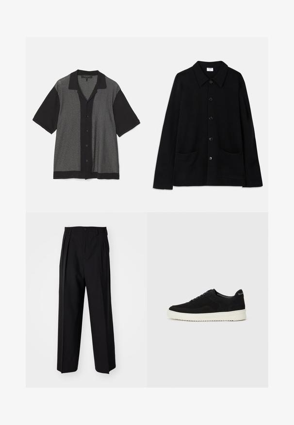 Black button-up jacket with a collar, two front pockets, and a textured fabric. Features five buttons down the front.; Black and gray short-sleeve shirt with a vertical striped pattern, button front, and a collared neckline. Made of soft knit fabric.; Black pleated trousers with a straight, wide-leg design. Made from smooth fabric, featuring a button closure and belt loops.; Black suede sneaker with lace-up design and contrasting white rubber sole. Features textured side panels and subtle branding on the heel.