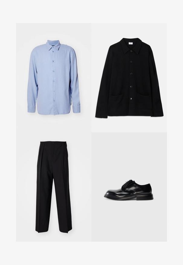 Crna jakna na dugme s ovratnikom, dva prednja džepa i teksturiranim materijalom. Ima pet dugmadi sprijeda.; Svijetloplava košulja s dugim rukavima, izrađena od meke tkanine, s klasičnim ovratnikom i prednjim zatvaračem na dugmad. Minimalistički dizajn, bez uzoraka.; Crne plisirane hlače s ravnim širokim nogavicama. Izrađene od glatkog materijala, s dugmadi za zatvaranje i petljama za remen.; Crne kožne cipele s okruglim nosom, glatkom površinom, vezanjem i složenim potplatom. Minimalistički stil bez vidljivih logotipa.