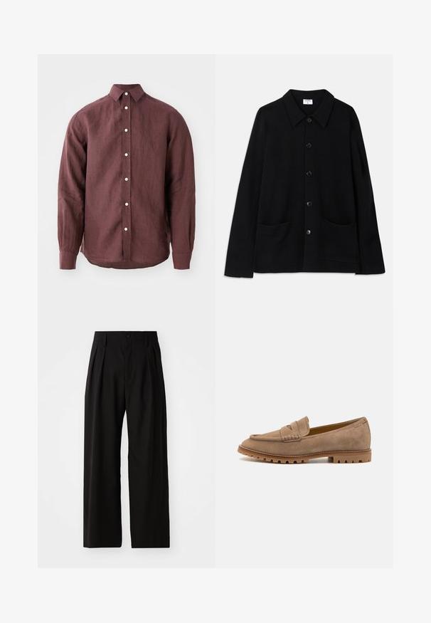 Czarna kurtka zapinana na guziki z kołnierzem, dwoma przednimi kieszeniami i fakturowanym materiałem. Posiada pięć guzików z przodu.; Bordowa koszula z długim rękawem wykonana z teksturowanej tkaniny, z klasycznym kołnierzykiem, zapięciem na guziki i guzikami w kontrastowym kolorze.; Czarne spodnie o szerokiej nogawce z gładką teksturą, z dwiema plisami z przodu, z zapięciem na guzik i bocznymi kieszeniami. Trwały materiał.; Zamszowe mokasyny w jasnobrązowym kolorze o teksturowanym wykończeniu, z dekoracyjnym paskiem na wierzchu i wytrzymałą gumową podeszwą zapewniającą przyczepność.