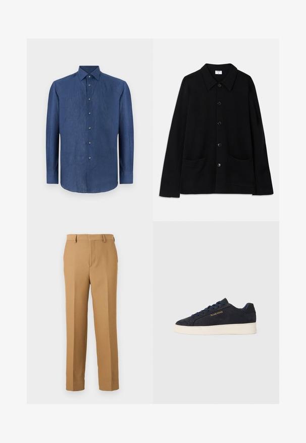 Črna jakna s popkom z ovratnikom, dvema sprednjima žepoma in teksturirano tkanino. Ima pet gumbov spredaj.; Temno modra srajca z dolgimi rokavi, izdelana iz rahlo teksturiranega blaga. Ima klasičen ovratnik in šest gumbov spredaj.; Bež hlače iz tkanine, s ravnim krojem, ravnim sprednjim delom in pasom za pas. Gladka tekstura brez vidnih vzorcev.; Mornarsko modre semiš nizke superge z belim podplatom, mornarskimi vezalkami in z zlatim logotipom "Filling Pieces" na strani.