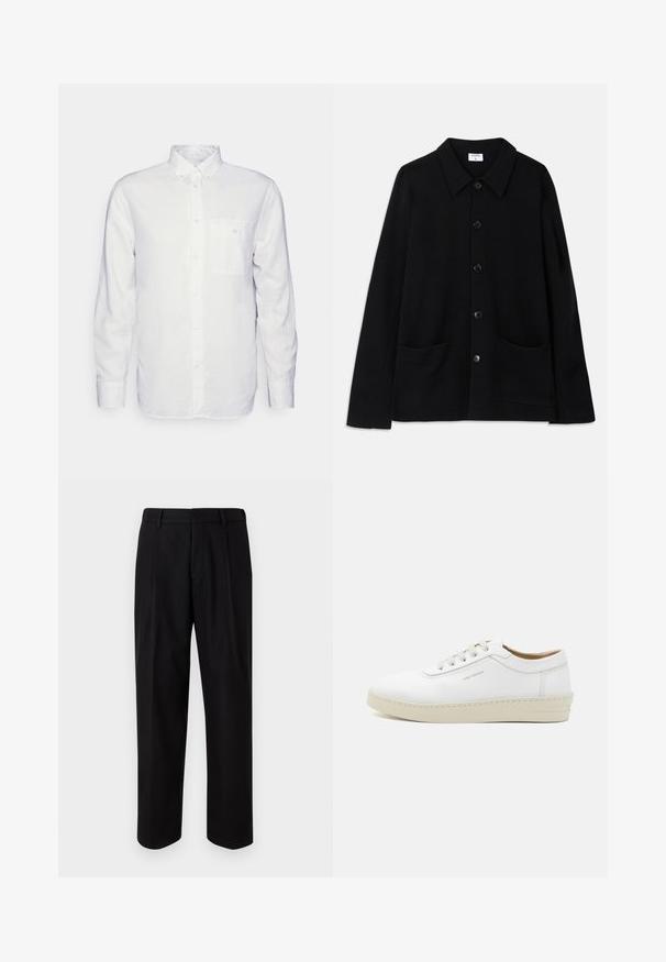 Black button-up jacket with a collar, two front pockets, and a textured fabric. Features five buttons down the front.; Long-sleeve white shirt made of cotton, featuring a button-down collar, front pocket, and regular fit. Textured fabric with a smooth surface.; Black tailored trousers featuring a straight leg design, smooth fabric texture, and a mid-rise waistband with belt loops.; White leather sneaker with a textured finish, round toe, beige rubber sole, and six grey lace eyelets, featuring subtle branding on the side.