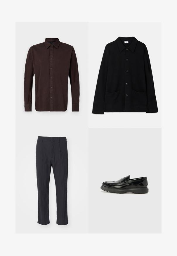 Svart knäppjacka med krage, två framfickor och en texturerad tyg. Har fem knappar framtill.; Mörkbrun långärmad skjorta i vävt tyg. Har en knapp-down krage, framplacket med svarta knappar och knäppningar vid ärmsluten.; Svarta veckade byxor med en texturerad tyg, med rak bendesign och standardmidja. Inga synliga fickor eller hårdvara.; Svart läderloaferskor med en glänsande yta, rund tå, diskreta söm detaljer och en tjock gummisula för hållbarhet.