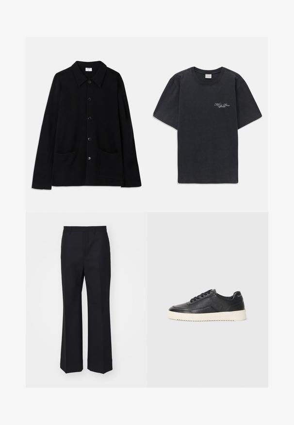 Veste noire à boutons, avec un col, deux poches à l'avant et un tissu texturé. Dotée de cinq boutons sur le devant.; T-shirt noir à manches courtes et col rond avec un petit logo « Filling Pieces » en blanc sur la poitrine gauche.; Pantalons noirs sur mesure en tissu lisse ; design à jambes larges avec un devant plat et sans poches ni embellissements visibles.; Baskets en cuir noir avec finition texturée, bout rond et semelle plate en caoutchouc blanc. Présentent des lacets noirs et un logo sur le talon.