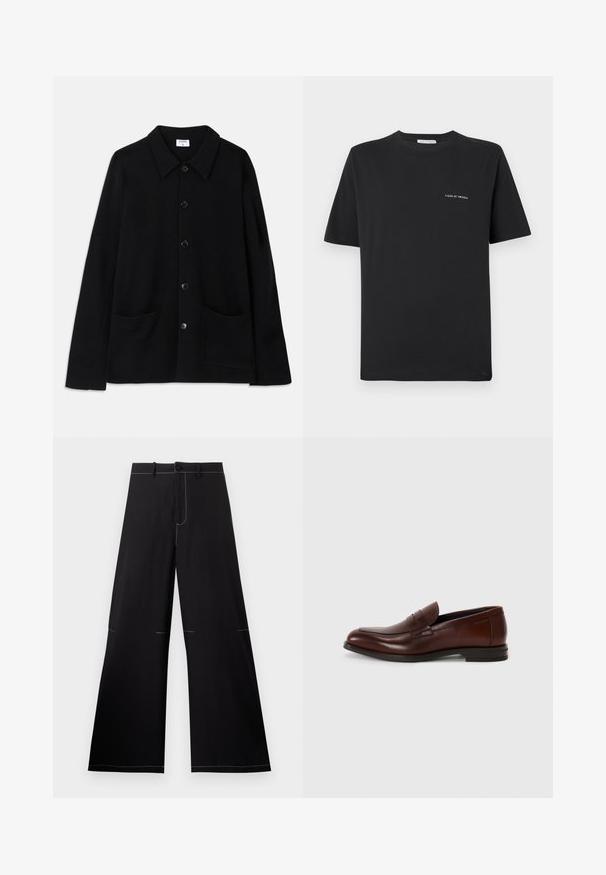 Must mustert jakk mustriga kraega, kahe esitasku ja tekstureeritud kangaga. Esiküljel on viis nuppu.; Must alune T-särk, ümmarguse kaelusega, lühikeste varrukatega ja väikese valge "TIGER OF SWEDEN" logoga rinnal. Klassikaline lõige.; Mustad laiad mustad püksid, millel on valged õmblused, nupuga kinnitamine ja vöökohal aasadega. Valmistatud kergest kangast.; Pruunist nahast loafers'd ümara varbaga, eesrinde rihma detailiga ja madala kühveldatud kanna ning siledalt tekstuurilt, minimaalse dekoratiivsete aktsentidega.