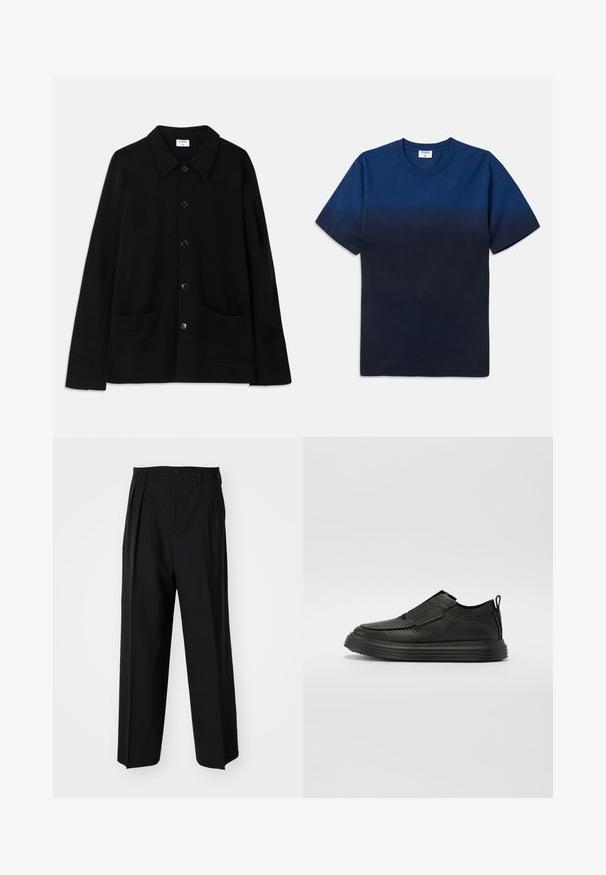 Black button-up jacket with a collar, two front pockets, and a textured fabric. Features five buttons down the front.; Navy blue cotton t-shirt with a round neck, short sleeves, and a subtle gradient design transitioning from lighter to darker shades.; Black pleated trousers with a straight, wide-leg design. Made from smooth fabric, featuring a button closure and belt loops.; The Antipode Trainers - black