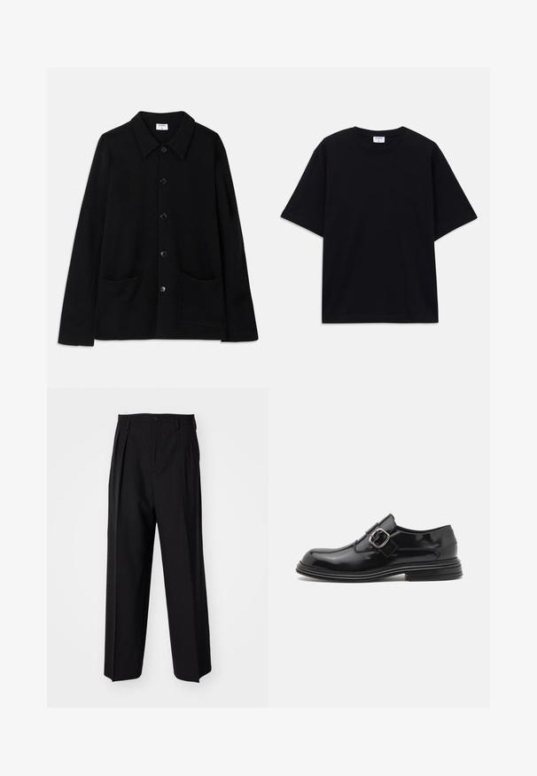 Chaqueta negra de botones con cuello, dos bolsillos frontales y una tela texturizada. Presenta cinco botones en la parte delantera.; Camiseta oversized de manga corta en negro con escote redondo y etiqueta de la marca Filippa K visible en el interior del cuello.; Pantalones negros plisados con un diseño recto y de pierna ancha. Fabricados en una tela suave, presentan un cierre de botón y trabillas para el cinturón.; The Antipode BROGUE - Zapatos sin cordones - black