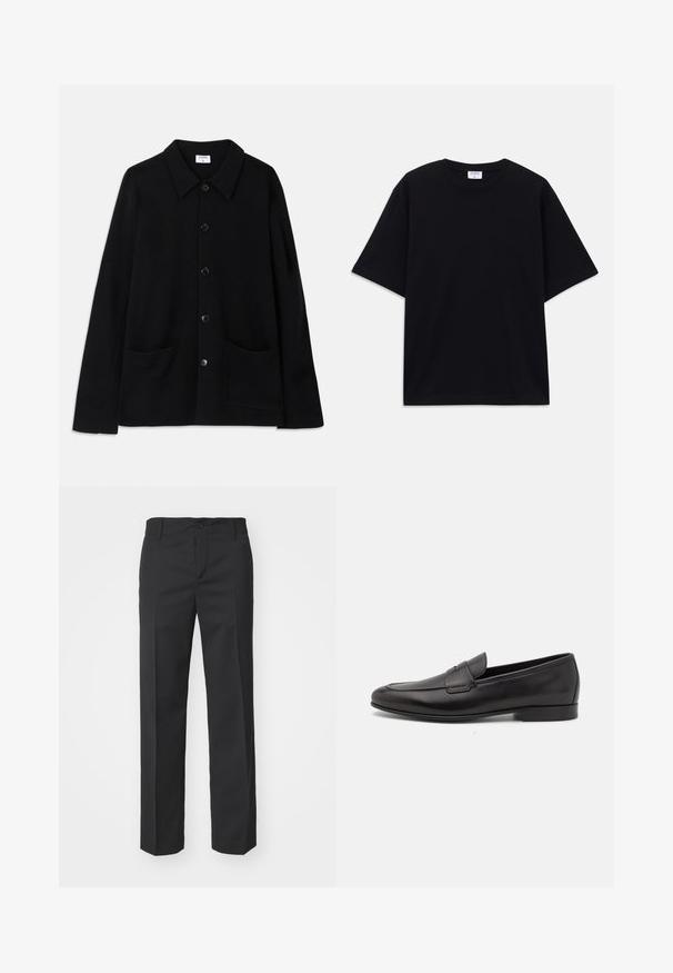 Black button-up jacket with a collar, two front pockets, and a textured fabric. Features five buttons down the front.; Black short-sleeve oversized T-shirt with round neckline and visible Filippa K brand label inside the collar.; Filippa K TROY TROUSERS - Trousers - black; Black leather men's loafer with a low heel and a classic penny strap design, shown in side profile on a white background.