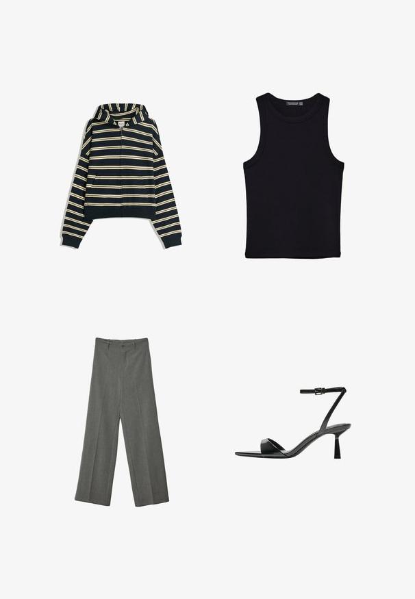 Námořnická mikina na zip s krémovými horizontálními pruhy, klokanními kapsami a žebrovaným lemem a manžetami. Tkanina je měkká s hladkým povrchem.; Černý top na ramínka vyrobený z bavlny, s kulatým výstřihem a širokými průramky. Hladká textura s prošitými lemy. Klasický, minimalistický design.; Šedé široké kalhoty vyrobené z texturované tkaniny, s předním zpevněním a dvěma kapsami, se zapínáním na jeden přední knoflík.; Bershka Sandály na vysokém podpatku - black