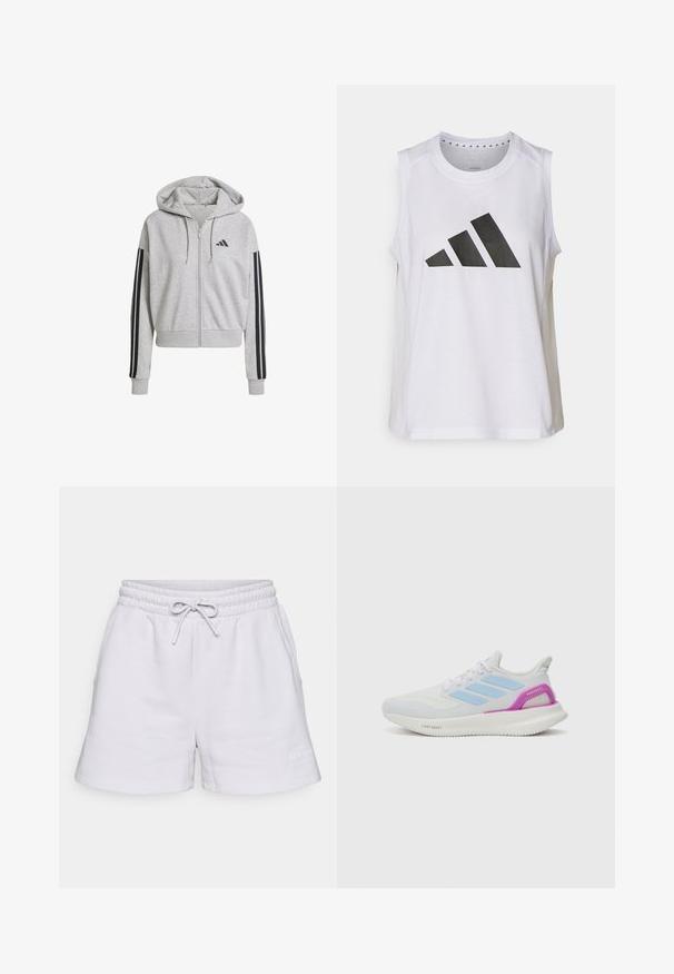 Szürke cipzáros kapucnis pulóver elülső zsebből és fekete háromsávos díszítéssel az ujjakon. Állítható kapucnival és bordázott mandzsettákkal, valamint aljjal rendelkezik.; Fehér ujjatlan sportpóló kerek nyakkivágással, amelyen elöl egy nagy fekete Adidas-logo található, amely három csíkból áll.; Világosszürke sportnadrág puha anyagból, rugalmas derékkal és húzózsinórral, oldalsó zsebekkel és diszkrét logórésszel.; adidas Performance PUREBOOST 5 - Utcai futócipők - white/glow blue/purple burst