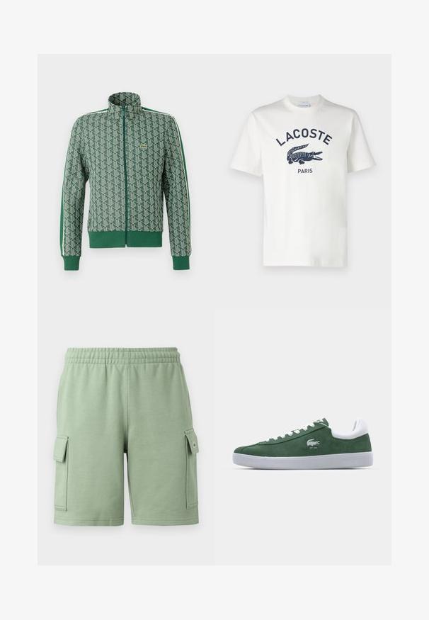 Chaqueta verde de cremallera con un patrón geométrico, puños y dobladillo acanalados, y un diseño rayado contrastante a lo largo de los hombros.; Camiseta de algodón blanca con mangas cortas, que presenta un logo de Lacoste en color marino y un gráfico de cocodrilo centrado en el pecho. Textura suave.; Pantalones cortos de algodón verde con una cintura elástica, dos bolsillos laterales tipo cargo y un pequeño detalle de logo en el bolsillo izquierdo.; Zapatillas de ante verde con una suela de goma blanca, que presentan una lengüeta y cordones blancos, y un logo sutil con "EST. 1933" en el lateral.