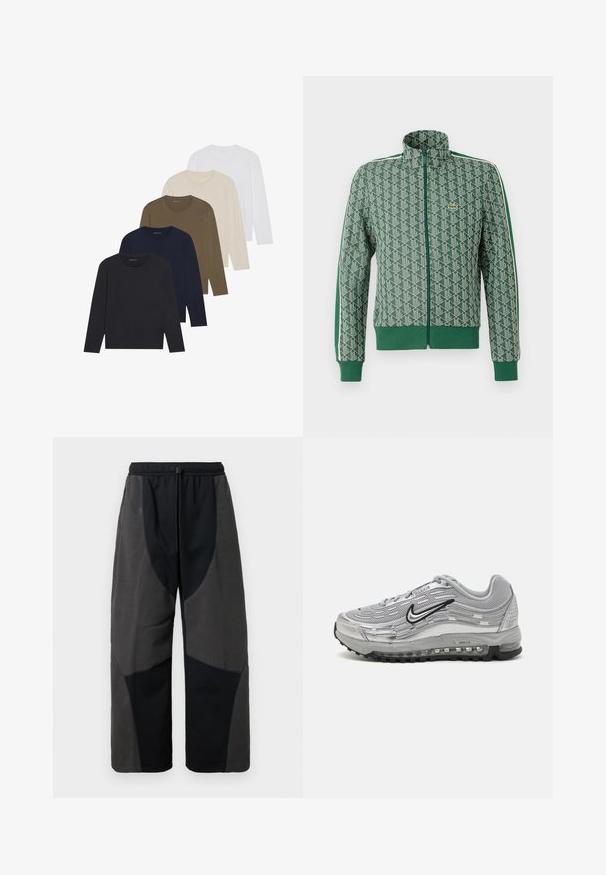 Roheline tõmblukuga jope, millel on geomeetriline muster, soonikkoes mansetid ja lõpp ning kontrastsete triipudega disain õlgadel.; Viis pikkade varrukatega särki värvigraadiga: tume laevastiku sinine, laevastiku sinine, oliiviroheline, beež ja valge. Igal särgil on ümar kaelus ja sile tekstuur.; Mustakate lõdva istuvusega püksid fleecedetailidega, mis sisaldavad kontrastset tumeda halli kangast paneeli ja reguleeritavat paelvöökohta.; Hallide Nike Air Max sneaks, milleto, syntetiline ülemine osa, lainekujulise disainiga, mustade aktsentidega ja nähtava õhkpadja süsteemiga.