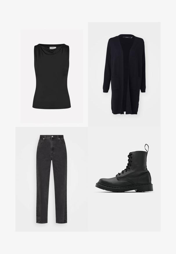 Černý kardigan s dlouhým rukávem vyrobený z měkké látky, s otevřeným předním designem, dvěma předními kapsami a žebrovanými manžetami a spodním lemem.; Envii SCORPION - Top - black; Černé džíny se rovnými nohavicemi a vysokým pasem, se zapínáním na knoflík a zip, a pěti kapsami na bílém pozadí.; Černá kožená bojová bota s kulatou špičkou, šněrováním vpředu a poutkem na zadní straně u kotníku. Vybavena silnou gumovou podrážkou pro maximální trvanlivost.