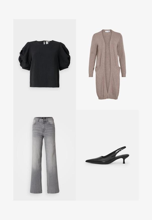 Lang cardigan med åpen front i myk beige strikk. Har to frontlommer, ribbede mansjetter og en avslappet passform. Lettvektig, strukturert stoff.; Svart topp med teksturert overflate, med puffede ermer og rund hals. Lukking bak med et lite nøkkelhull.; Høyt liv, rette ben grå denimbukser med frontknapp og glidelås, front- og baklommer, samt falmet skygge på lår og legger.; Svart lær slingback sko med spiss tå og smal, buet hæl. Har en diskret justerbar rem med en metallspenne.