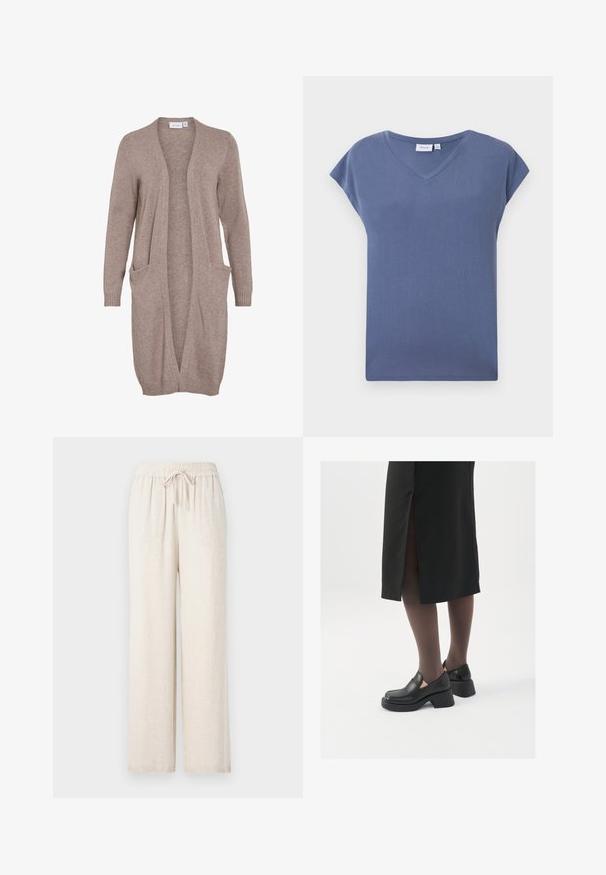 Long, open-front cardigan in soft beige knit. Features two front pockets, ribbed cuffs, and a relaxed fit. Lightweight, textured fabric.; V-neck, short-sleeve T-shirt in a muted blue color, made of soft cotton material with a smooth texture and a relaxed fit.; Light beige, wide-leg pants made from a soft, textured material. Features an elastic waistband with a drawstring for adjustment.; Black leather shoes with a rounded toe, thick block heel, and elastic side accents, paired with dark tights and a black skirt with a slit.