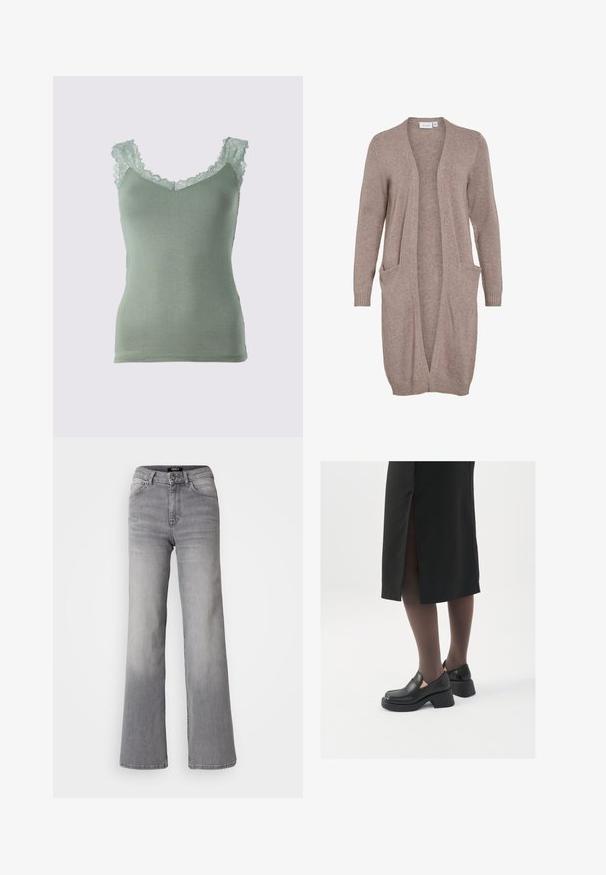 Cardigan lungo aperto in morbido knit beige. Presenta due tasche frontali, polsini a costine e una vestibilità rilassata. Tessuto leggero e strutturato.; Top in verde chiaro con sottoveste in pizzo lungo il colletto e le spalle. Tessuto morbido e liscio con un design attillato e scollatura a V.; Jeans in denim grigiop con vita alta e gamba dritta, con bottone e cerniera frontali, tasche anteriori e posteriori, e sfumature sbiadite su cosce e polpacci.; Scarpe in pelle nera con punta arrotondata, tacco spesso a blocco e accenti laterali in elastico, abbinate a collant scuri e una gonna nera con uno spacco.