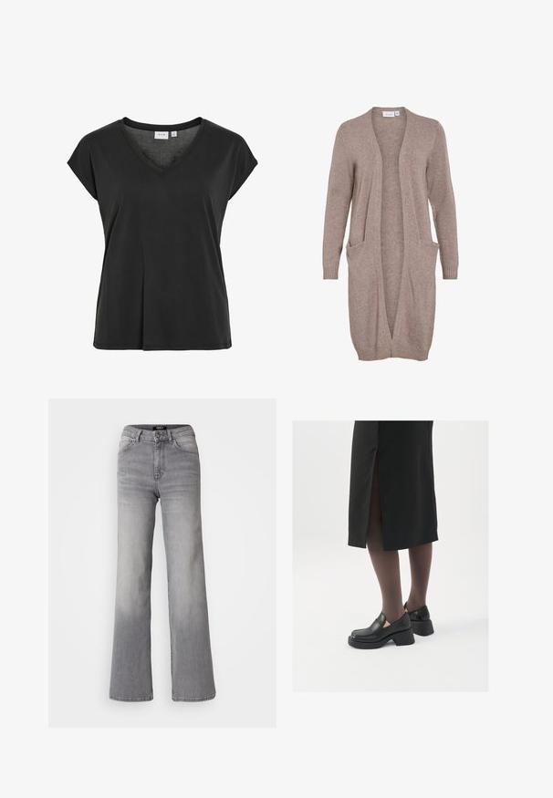 Lang cardigan med åpen front i myk beige strikk. Har to frontlommer, ribbede mansjetter og en avslappet passform. Lettvektig, strukturert stoff.; Svart T-skjorte med V-hals og cap-ærmer, laget av mykt materiale, med en avslappet passform og minimale sømdetaljer.; Høyt liv, rette ben grå denimbukser med frontknapp og glidelås, front- og baklommer, samt falmet skygge på lår og legger.; Sorte lærersko med rund tå, tykk blokkheel og elastiske sideaksenter, sammen med mørke strømpebukser og et svart skjørt med splitt.