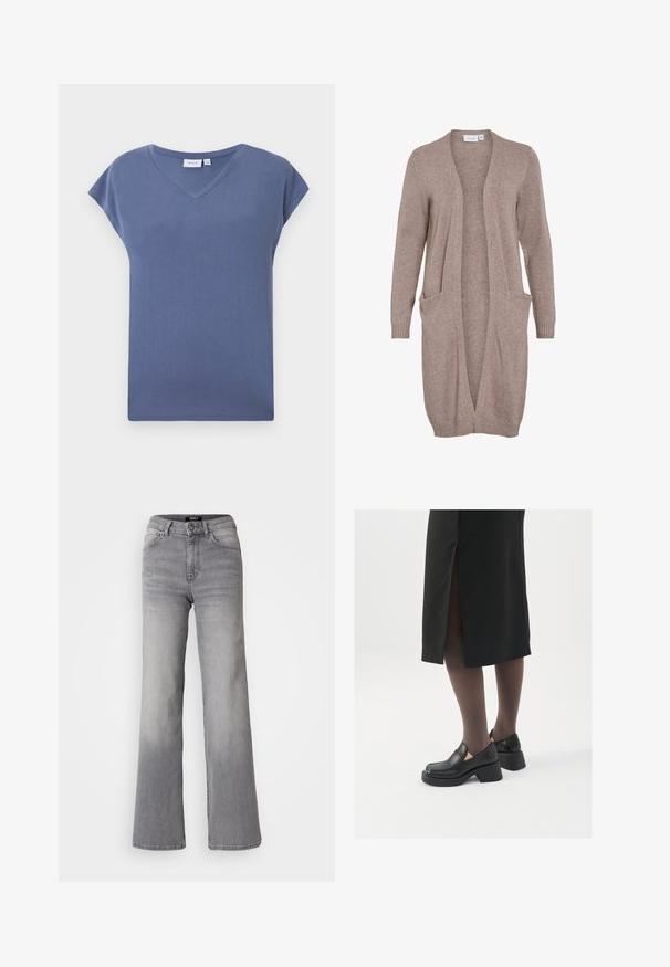 Dlhý kardigán s otvoreným predným dielom v mäkkom béžovom úplete. Obsahuje dve predné vrecká, ribbovaného manžety a voľný strih. Ľahká, textúrovaná tkanina.; Tričko s výstrihom do V a krátkymi rukávmi v tlmenej modrej farbe, vyrobené z mäkkej bavlny s hladkou textúrou a voľným strihom.; Džínsy z šedej denimu s vysokým pásom a rovnými nohavicami, s predným gombíkom a zipsom, prednými a zadnými vreckami, a vybledlým tieňovaním na stehnách a lýtkach.; Čierne kožené topánky s okrúhlou špičkou, silným blokovým opätkom a elastickými bočnými akcentmi, skombinované s tmavými pančuchami a čiernou sukňou so štiepením.