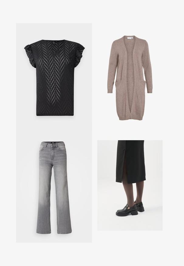 Garšs, vaļējs priekšauts softa beīgu dzijā. Iespējas divas priekšējās kabatas, ribota aproces un brīva piegriezuma. Viegls, teksturēts audums.; Melna īsām piedurknēm topiņa ar V veida kakla izgriezumu, ar perforētu chevron rakstu un volāniem uz piedurknēm, izgatavots no viegla materiāla.; Augsti vidukļa taisnas kājas pelēkas džinsa bikses ar priekšējo pogu un rāvējslēdzēju, priekšējām un aizmugurējām kabatām, kā arī izbalinātiem toņiem uz augšstilbiem un teļiem.; Melni ādas apavi ar noapaļotu purngalu, biezām bloku papēžiem un elastīgiem sānu akcentiem, apvienoti ar tumšām zeķubiksēm un melnu svārku ar šķirbu.