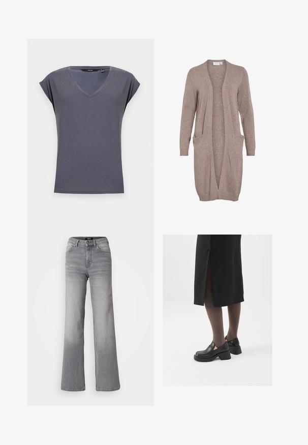 Dlhý kardigán s otvoreným predným dielom v mäkkom béžovom úplete. Obsahuje dve predné vrecká, ribbovaného manžety a voľný strih. Ľahká, textúrovaná tkanina.; Šedé tričko s výstrihom do V a krátkymi rolovanými rukávmi. Vyrobené z mäkkej tkaniny s hladkou textúrou. Jednoduchý dizajn, bez vzorov alebo ozdôb.; Džínsy z šedej denimu s vysokým pásom a rovnými nohavicami, s predným gombíkom a zipsom, prednými a zadnými vreckami, a vybledlým tieňovaním na stehnách a lýtkach.; Čierne kožené topánky s okrúhlou špičkou, silným blokovým opätkom a elastickými bočnými akcentmi, skombinované s tmavými pančuchami a čiernou sukňou so štiepením.