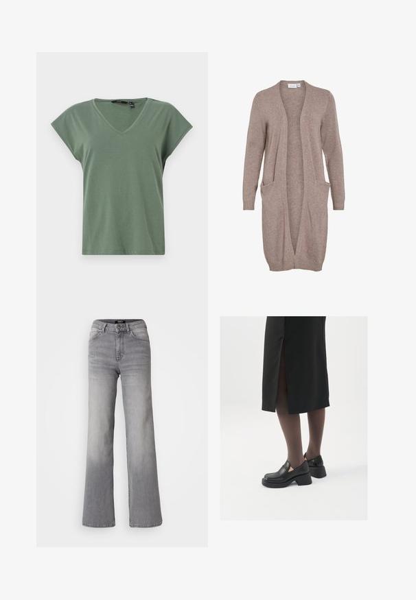 Hosszú, nyitott kardigán puha bézs kötött anyagból. Két elülső zsebbel, bordás mandzsettákkal és laza szabással rendelkezik. Könnyű, textúrált szövet.; Olíva zöld V-nyakú póló rövid ujjal, puha anyagból készült. Lazán illeszkedő szabása van és letisztult dizájnja van, látható logók nélkül.; Magasan derekú, egyenes szárú, szürke farmernadrág, elől gombbal és cipzárral, elülső és hátsó zsebekkel, valamint elhalványodott árnyékolással a combokon és a vádlikon.; Fekete bőr cipők lekerekített orral, vastag blokk sarkakkal és elasztikus oldalsó díszítésekkel, sötét harisnyával és hasítékkal ellátott fekete szoknyával párosítva.