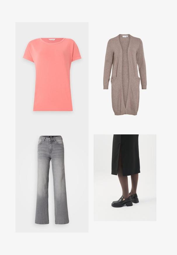 Dugi kardigan otvorenog prednjeg dijela, od mekanog bež pletenog materijala. Ima dva prednja džepa, rebraste manžetne i opušteni kroj. Lagana, teksturirana tkanina.; Koralno ružičasta majica kratkih rukava od mekanog pamuka s okruglim izrezom. Ima jednostavan dizajn i glatku teksturu tkanine.; Sive traperice visokog struka ravnog kroja, s prednjim gumbom i patentnim zatvaračem, prednjim i stražnjim džepovima te izblijedjelim nijansama na bedrima i listovima.; Crne kožne cipele s zaobljenim vrhom, debelim blok petama i elastičnim bočnim detaljima, uparene s tamnim čarapama i crnom suknjom s prorezom.