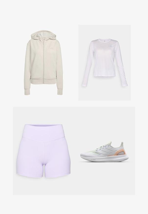 Jasnoszara, zippowana bluza z kapturem wykonana z miękkiego materiału. Posiada podwójny kaptur, ściągacze na rękawach oraz dyskretny logo na górnej części lewej strony klatki piersiowej.; New Balance - Bluzka z długim rękawem; Liliowe szorty z wysokim stanem wykonane z elastycznego materiału. Posiadają szwy płaskie i dopasowany krój o gładkiej fakturze.; Białe buty sportowe z jas zielonymi akcentami, siateczkowa cholewka, gumowa podeszwa i teksturowane detale. Posiadają napisy "LIGHT BOOST" po boku.