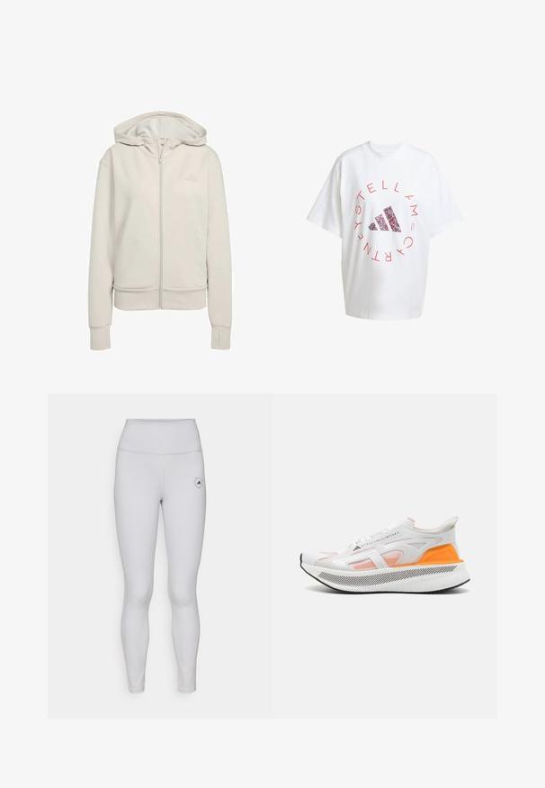 Hellgraue Zip-Hoodie aus weichem Material. Verfügt über eine doppellagige Kapuze, gerippte Bündchen und ein dezentes Logo auf der oberen linken Brust.; Übergroßes weißes Baumwoll-T-Shirt mit rotem, rundem Text und einem mehrfarbigen Adidas-Logo in der Mitte. Kurze Ärmel und runder Ausschnitt.; Helle graue Leggings mit einem hohen Bund, glatter Textur und einem kleinen schwarzen Logo am linken Oberschenkel. Subtile Nähedetails überall.; Weiße Sportlichkeit mit einem orangefarbenen Akzent, Obermaterial aus Netzgewebe, strukturierten Sohle und markantem Logodetail. Verfügt über ein modernes, schlankes Design.