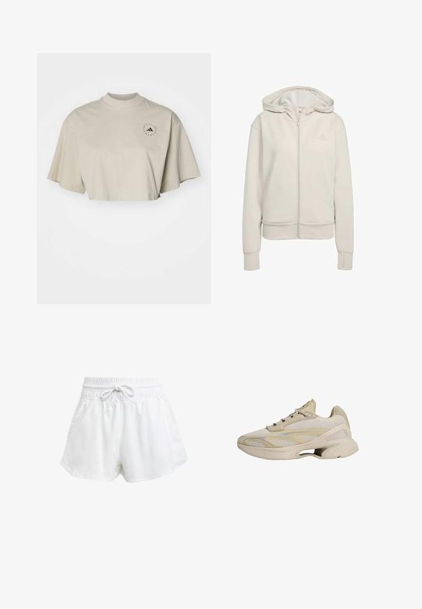 Sudadera con cremallera de color gris claro, hecha de una tela suave. Cuenta con una capucha de doble capa, puños de canalé y un logotipo discreto en el lado izquierdo del pecho.; Camiseta corta de manga corta en algodón color beige claro. Presenta un cuello alto y un logo circular negro en la parte izquierda del pecho.; Pantalones cortos deportivos blancos con cintura elástica y cordón ajustable. Hechos de material ligero, cuentan con bolsillos laterales y un corte holgado.; Zapatillas deportivas beige con materiales de malla y sintéticos, que cuentan con una suela curvada, diseño en capas y sutiles acentos amarillos.