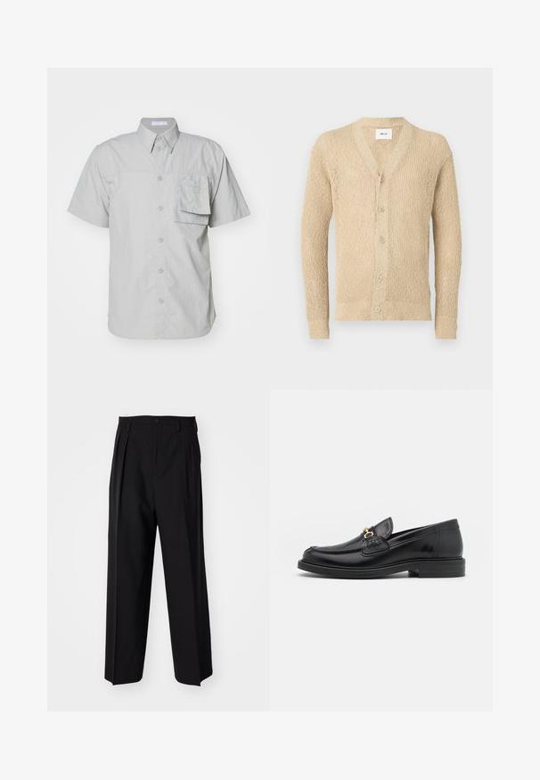 Beige strikcardigan med v-hals, frontknapper og lange ærmer. Har et struktureret mønster gennem hele stoffet.; Kortærmet, lys grå skjorte med knapper og lomme; lavet af et tekstureret stof; har en klassisk krave og standard knapper.; Sorte plisserede bukser med et lige, bred ben-design. Fremstillet af glat stof, med en knaplukning og bæltesløjfer.; Sorte læder loafers med en rund tå, der har guld hardware accent og syningsdetaljer, placeret på en lav, tekstureret gummisål.
