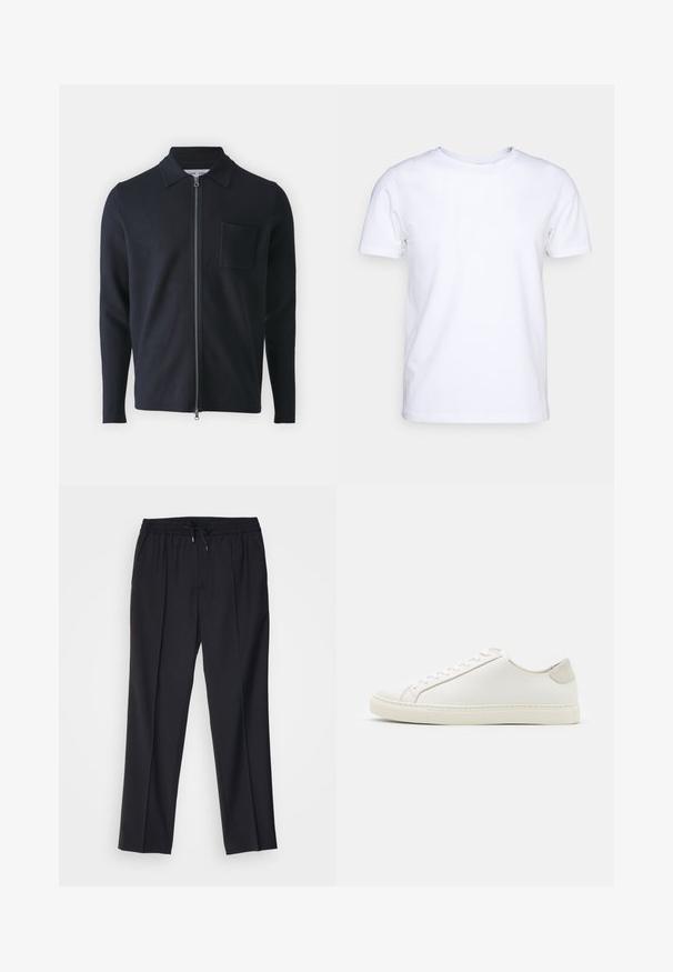 Dunkelblauer Reißverschluss-Pullover mit Kragen, langen Ärmeln und einer Brusttasche. Hergestellt aus weichem Stoff mit glatter Textur.; Weißes T-Shirt mit kurzen Ärmeln aus Baumwollstoff und rundem Halsausschnitt. Schlichtes Design ohne Muster oder Akzente. Glatte Textur.; sandro ALPHA - Chino - noir; Weiße Leder Sneakers mit glatter Oberfläche, runder Zehenform und minimalistischem Design. Mit beigen Akzenten an der Ferse und einer Gummisohle.