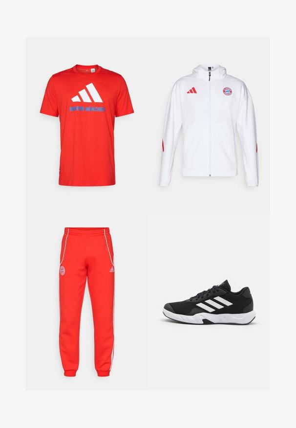 Valkoinen vetoketjullinen takki punaisilla yksityiskohdilla, jossa on kirjailtu logo rinnassa ja Adidasin kolme raitaa -logo olkapäillä.; Punainen puuvillapaita, jossa on valkoinen kolmiraidallinen logo ja "BAYERN MÜNCHEN" sinisellä. Pyöreä kaula-aukko ja lyhyet hihat, yksinkertainen muotoilu.; Punaiset verkkarit elastisella vyötäröllä, valkoisilla sivunauhoilla ja logotiedoilla lantiolla ja alalegginsissä. Valmistettu pehmeästä kankaasta, jossa on resorit.; Mustat urheilukengät, joissa on teksturoitu verkkomateriaali yläosassa, valkoiset korostusraidat, pehmustettu pohja ja vahvistettu kanta tuen vuoksi.