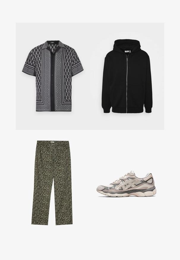 Hanorac negru cu fermoar, dotat cu glugă ajustabilă printr-un șnur, buzunare frontale, manșete ribbate și o textură de țesătură netedă. Eticheta de marcă este vizibilă în interior.; Cămașă neagră cu mânecă scurtă, cu modele geometrice gri, nasturi în față, guler cu model și elemente de design contrastante.; Tricou alb din bumbac cu mâneci scurte, decolteu rotund, croială lejeră și fără logo-uri sau modele vizibile. Textură netedă și design minimalist.; Pantaloni cu imprimeu de leopard în verde oliv, confecționați dintr-un material moale, cu un talie elastică și sistem de prindere cu șnur pentru o ajustare ușoară.; Pantof din material textil gri deschis, cu meshe și peste din piele întărită. Dispune de o talpă căptușită, suprapunerile pronunțate și un design structurat.