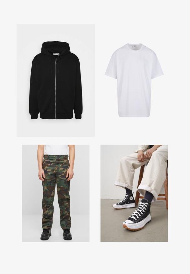 Juodas užtraukiamas džemperis su reguliuojamu gobtuvu, priekinėmis kišenėmis, raištelių rankovėmis ir lygiu audinio paviršiumi. Viduje matoma centrinė prekės ženklo etiketė.; Balta medvilninė marškinėlių užsagėlė su trumpomis rankovėmis, apvaliu kaklu, laisva forma ir be matomų logotipų ar raštų. Lygi tekstūra ir minimalus dizainas.; Žalios, rudos ir juodos spalvų kamufliažo krovinių kelnės. Pagamintos iš tvirto audinio, laisvo kirpimo su šoninėmis kišenėmis. Yra mygtukų uždarymas.; Juodi aukšti sportbačiai su baltais raišteliais ir guminiais pirštų gaubtais. Stori balti padai su tekstūruotu ruduo padu, dėvimi su tamsiai mėlynomis raištelinėmis kojinėmis.