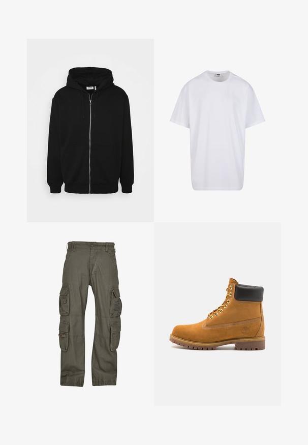 Melna kapuce ar rāvējslēdzēju, ar aukliņu, priekšējām kabatām, ribota manšete un gluda auduma tekstūra. Centrālā zīmola birka redzama iekšpusē.; Balta kokvilnas T-kreklu ar īsām piedurknēm, apaļu kakla izgriezumu, brīvu piegriezumu un bez redzamām logo vai rakstiem. Gluda tekstūra un minimālistisks dizains.; Cargo bikses no olīvu zaļas kokvilnas, ar vairākiem sānu kabatām, vaļēju piegriezumu un pastiprinātām šuvēm izturībai.; Brūna zamša potīte ar melnu izšuvumu ap kaklu, zelta metāla acu caurumi, balta šuvju apdare un izturīgs gumijas zole ar izteiktu zīmējumu.