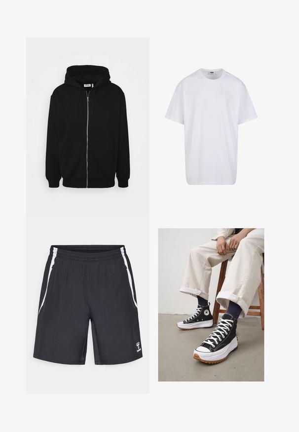 Fekete cipzáras kapucnis pulóver húzózsinórral, elülső zsebekkel, bordázott mandzsettákkal és sima anyagtextúrával. Középső márkázási címke látható belül.; Fehér pamut póló rövid ujjal, kerek nyakú, laza szabású, és nincsenek látható logók vagy minták. Simább textúra és minimalista dizájn.; Fekete sportos rövidnadrág fehér oldalcsíkkal, rugalmas derékkal és logó részlettel. Könnyű anyagból készült, sima textúrával.; Fekete magas szárú tornacipő fehér fűzővel és gumi orral. Vastag fehér talp, texturált barna talppal, tengerészkék csíkos zoknival viselve.